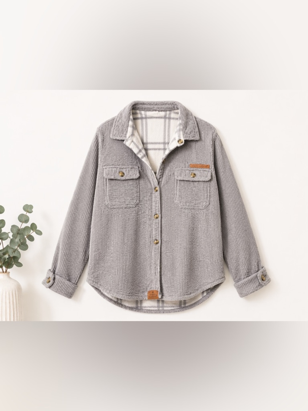 Simply Southern Reversible Corduroy Shacket Women’s L Gray Fleece Jacket 2-in-1